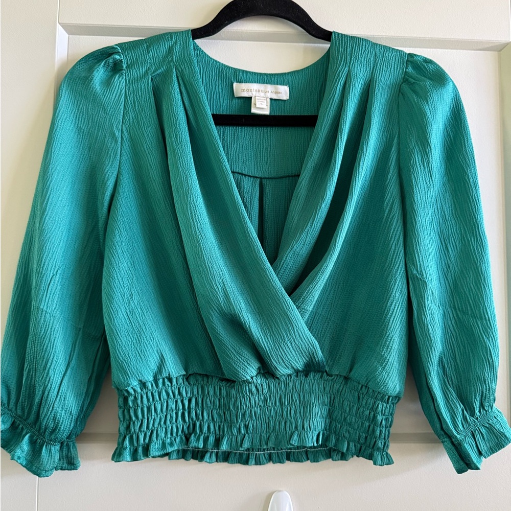 Monteau Teal Surplice Smocked-Hem Blouse